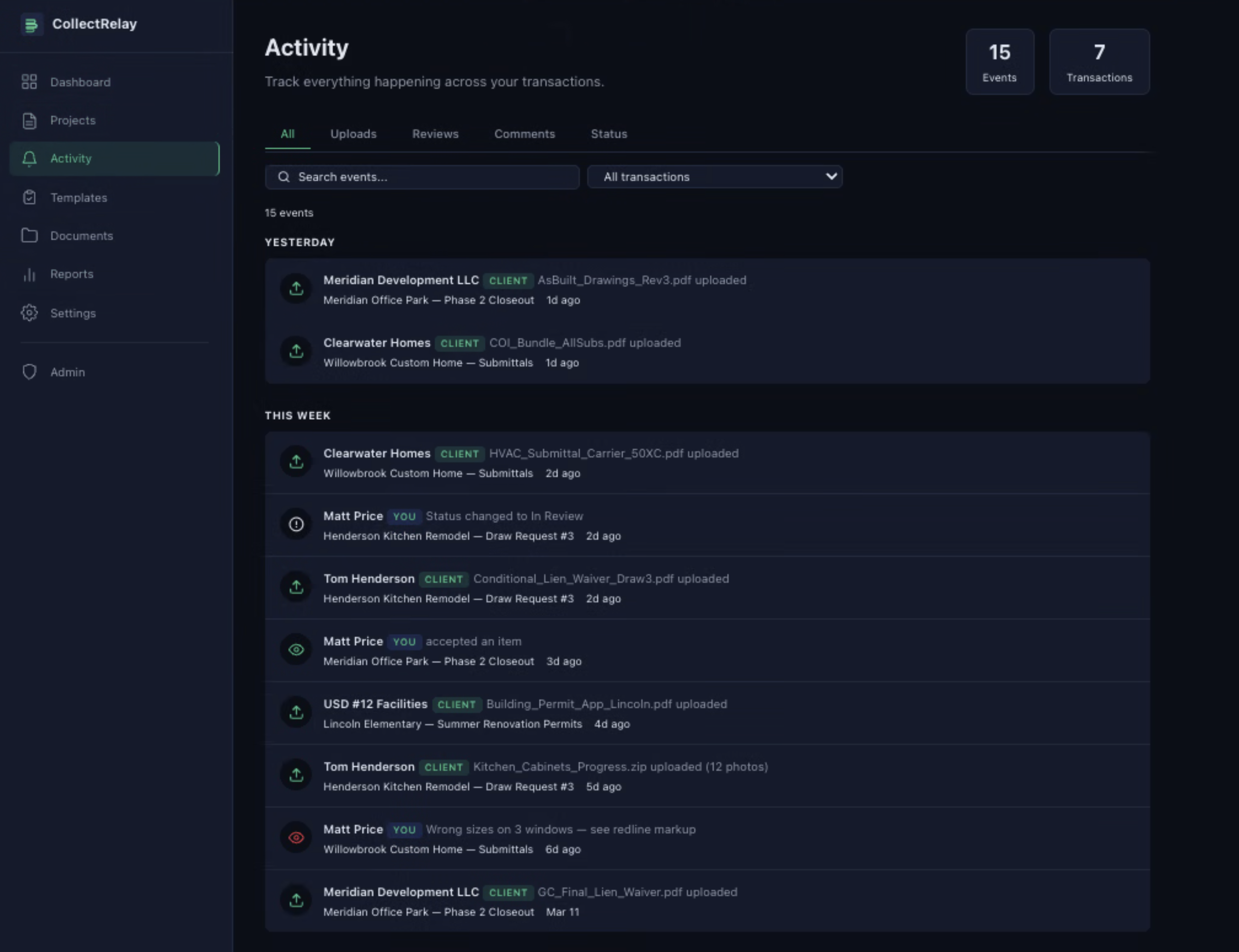 Activity feed showing document uploads and reviews