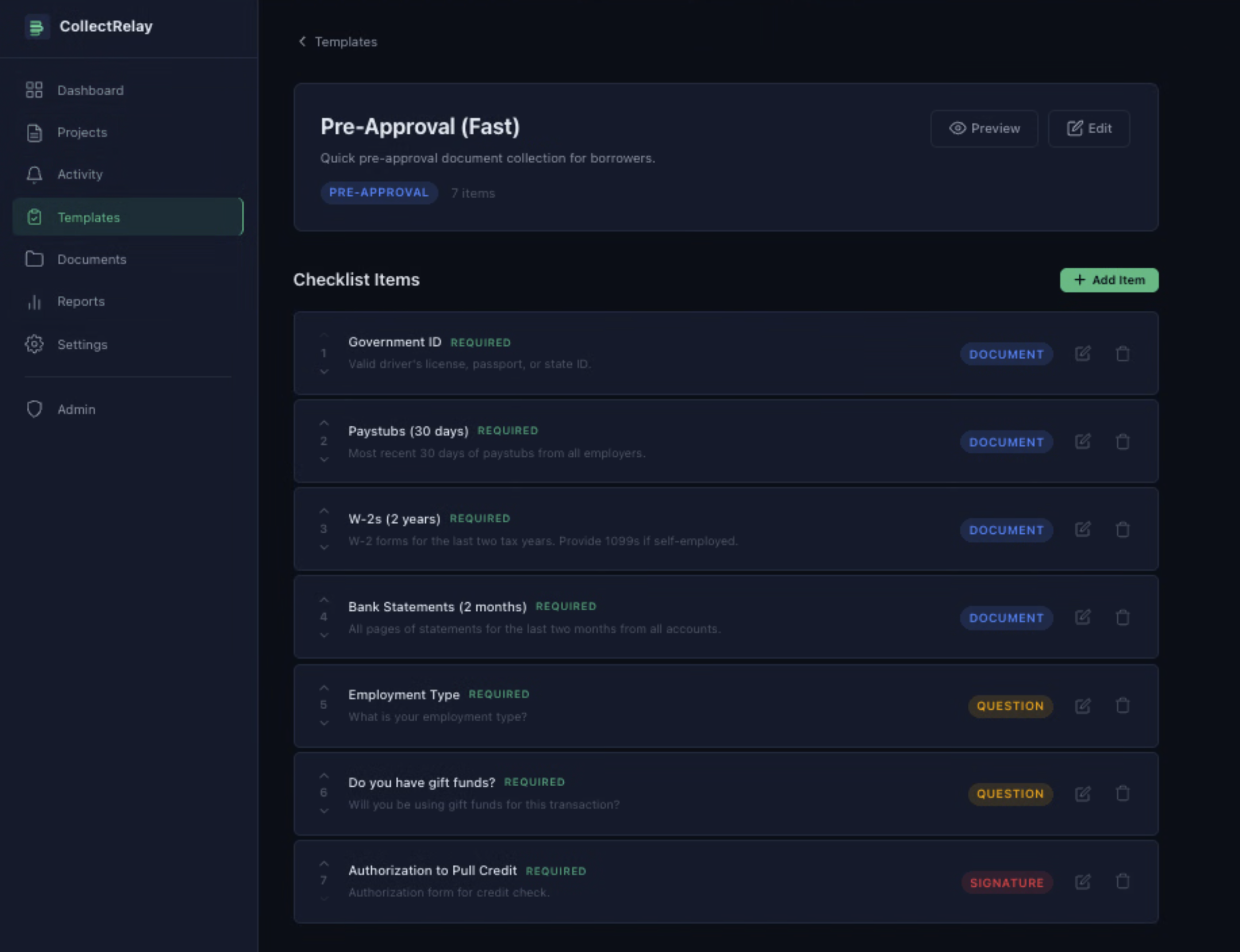 Template builder showing checklist items